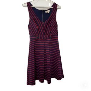 Red and Navy Stripe Sleeveless V Neck Dress